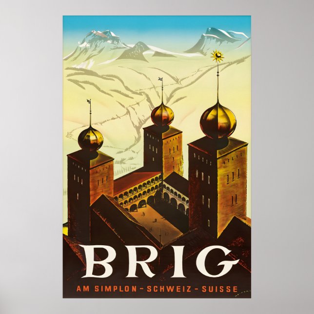 Vintage Brig Schweiz Resor Poster Valais Alperna (Framsidan)