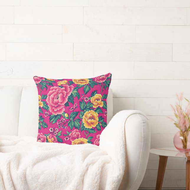 Vintage Bright Rosa Chinoiserie Large Blommigt Kudde (Soffa)