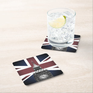 Vintage British Flagga & Big Ben, London, Storbrit Underlägg Papper Kvadrat