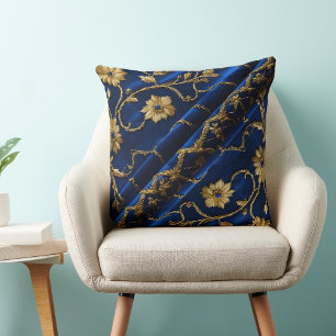 Vintage broderi look Blommor i guld och blått Kudde