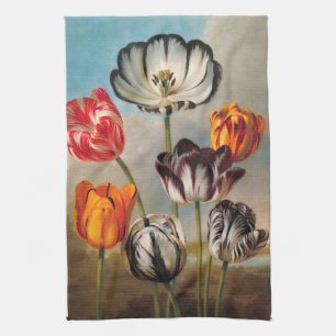 Vintage brokiga tulpanblommor i ett landskap kökshandduk