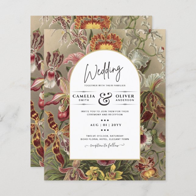 Vintage Bröllbjudan till Blommigt i Botaniskt burg (Fram/baksida)
