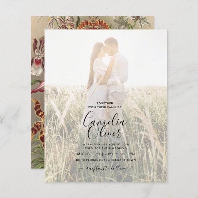 Vintage Bröllbjudan till Blommigt i Botaniskt burg (Fram/baksida)
