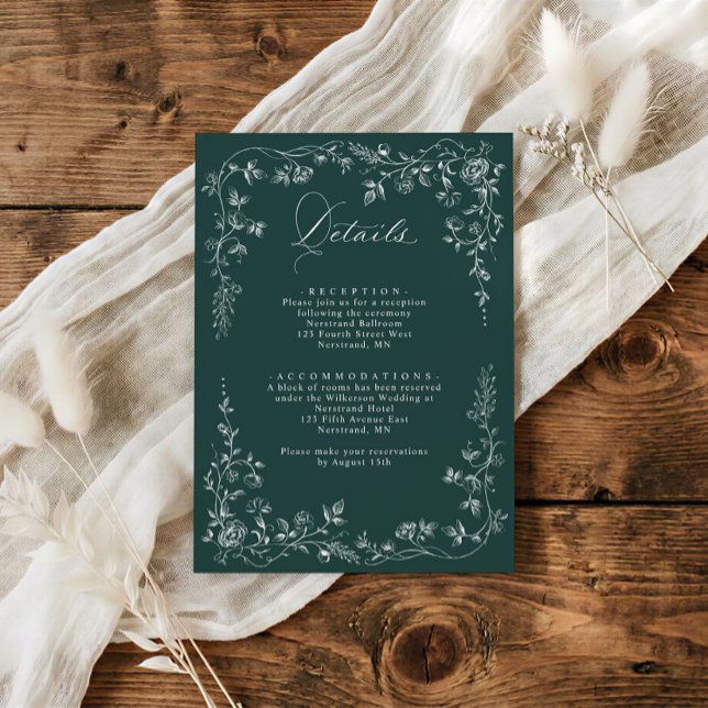 Vintage brölljdetaljer Smaragd Fransk blomster Tilläggskort (Emerald green French floral wedding details card with RSVP information and QR code)