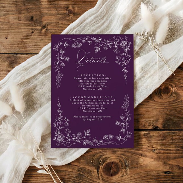 Vintage brölljsuppgifter Mörklila fransk blomsterd Tilläggskort (Eggplant dark purple wedding details card with French florals, RSVP and QR code)
