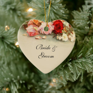 Vintage Bröllop, Antik Rosa Blommor Blommig Konst Julgransprydnad Keramik