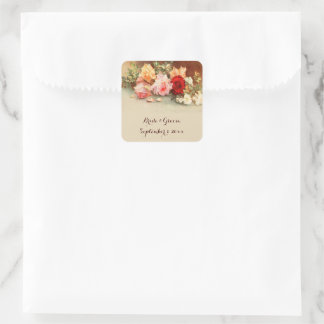 Vintage Bröllop, Antik Rosor Blommor Stilleben Fyrkantigt Klistermärke