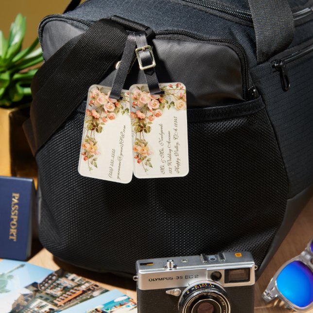 Vintage Bröllop, Antika Rosa Rosblommor Blommig Bagagebricka (Fram & Baksida)