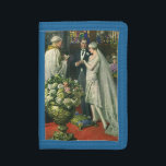 Vintage bröllop, Bride och Groom med Menorah<br><div class="desc">Vintagens illustration av ceremonin i kärlek och romantik,  där ett par gifta sig i en vacker synagoga med glasfönster,  blommor och en sjudmenorah i nedfläckad. Bron har en lång vit bröllop-grav och brudgummen är stilig i sin tuxedo.</div>