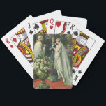 Vintage bröllop, Bride och Groom med Menorah Casinokort<br><div class="desc">Vintagens illustration av ceremonin i kärlek och romantik,  där ett par gifta sig i en vacker synagoga med glasfönster,  blommor och en sjudmenorah i nedfläckad. Bron har en lång vit bröllop-grav och brudgummen är stilig i sin tuxedo.</div>