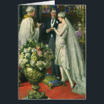 Vintage bröllop, Bride och Groom med Menorah Hälsningskort<br><div class="desc">Vintagens illustration av ceremonin i kärlek och romantik,  där ett par gifta sig i en vacker synagoga med glasfönster,  blommor och en sjudmenorah i nedfläckad. Bron har en lång vit bröllop-grav och brudgummen är stilig i sin tuxedo.</div>