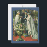 Vintage bröllop, Bride och Groom med Menorah Inbjudningar<br><div class="desc">Vintagens illustration av ceremonin i kärlek och romantik,  där ett par gifta sig i en vacker synagoga med glasfönster,  blommor och en sjudmenorah i nedfläckad. Bron har en lång vit bröllop-grav och brudgummen är stilig i sin tuxedo.</div>