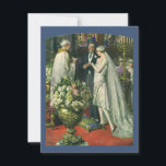 Vintage bröllop, Bride och Groom med Menorah Inbjudningar<br><div class="desc">Vintagens illustration av ceremonin i kärlek och romantik,  där ett par gifta sig i en vacker synagoga med glasfönster,  blommor och en sjudmenorah i nedfläckad. Bron har en lång vit bröllop-grav och brudgummen är stilig i sin tuxedo.</div>