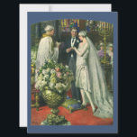 Vintage bröllop, Bride och Groom med Menorah Inbjudningar<br><div class="desc">Vintagens illustration av ceremonin i kärlek och romantik,  där ett par gifta sig i en vacker synagoga med glasfönster,  blommor och en sjudmenorah i nedfläckad. Bron har en lång vit bröllop-grav och brudgummen är stilig i sin tuxedo.</div>