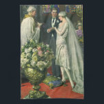 Vintage bröllop, Bride och Groom med Menorah Kökshandduk<br><div class="desc">Vintagens illustration av ceremonin i kärlek och romantik,  där ett par gifta sig i en vacker synagoga med glasfönster,  blommor och en sjudmenorah i nedfläckad. Bron har en lång vit bröllop-grav och brudgummen är stilig i sin tuxedo.</div>
