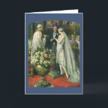Vintage bröllop, Bride och Groom med Menorah Kort<br><div class="desc">Vintagens illustration av ceremonin i kärlek och romantik,  där ett par gifta sig i en vacker synagoga med glasfönster,  blommor och en sjudmenorah i nedfläckad. Bron har en lång vit bröllop-grav och brudgummen är stilig i sin tuxedo.</div>