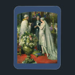Vintage bröllop, Bride och Groom med Menorah Magnet<br><div class="desc">Vintagens illustration av ceremonin i kärlek och romantik,  där ett par gifta sig i en vacker synagoga med glasfönster,  blommor och en sjudmenorah i nedfläckad. Bron har en lång vit bröllop-grav och brudgummen är stilig i sin tuxedo.</div>