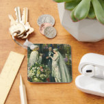 Vintage bröllop, Bride och Groom med Menorah Nyckelring<br><div class="desc">Vintagens illustration av ceremonin i kärlek och romantik,  där ett par gifta sig i en vacker synagoga med glasfönster,  blommor och en sjudmenorah i nedfläckad. Bron har en lång vit bröllop-grav och brudgummen är stilig i sin tuxedo.</div>