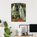 Vintage bröllop, Bride och Groom med Menorah Poster<br><div class="desc">Vintagens illustration av ceremonin i kärlek och romantik,  där ett par gifta sig i en vacker synagoga med glasfönster,  blommor och en sjudmenorah i nedfläckad. Bron har en lång vit bröllop-grav och brudgummen är stilig i sin tuxedo.</div>