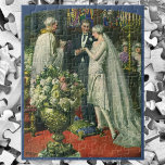 Vintage bröllop, Bride och Groom med Menorah Pussel<br><div class="desc">Vintagens illustration av ceremonin i kärlek och romantik,  där ett par gifta sig i en vacker synagoga med glasfönster,  blommor och en sjudmenorah i nedfläckad. Bron har en lång vit bröllop-grav och brudgummen är stilig i sin tuxedo.</div>