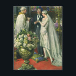 Vintage bröllop, Bride och Groom med Menorah Vykort<br><div class="desc">Vintagens illustration av ceremonin i kärlek och romantik,  där ett par gifta sig i en vacker synagoga med glasfönster,  blommor och en sjudmenorah i nedfläckad. Bron har en lång vit bröllop-grav och brudgummen är stilig i sin tuxedo.</div>