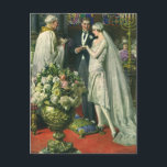 Vintage bröllop, Bride och Groom med Menorah Vykort<br><div class="desc">Vintagens illustration av ceremonin i kärlek och romantik, där ett par gifta sig i en vacker synagoga med glasfönster, blommor och en sjudmenorah i nedfläckad. Bron har en lång vit bröllop-grav och brudgummen är stilig i sin tuxedo.</div>