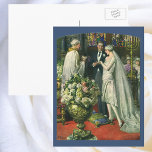 Vintage bröllop, Bride och Groom med Menorah Vykort<br><div class="desc">Vintagens illustration av ceremonin i kärlek och romantik,  där ett par gifta sig i en vacker synagoga med glasfönster,  blommor och en sjudmenorah i nedfläckad. Bron har en lång vit bröllop-grav och brudgummen är stilig i sin tuxedo.</div>