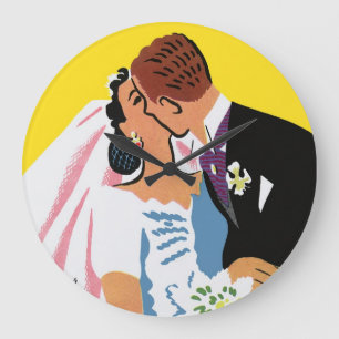 Vintage bröllop, Bride och Groom Newlyweds Kissing Stor Klocka