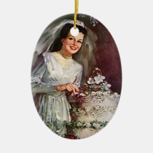 Vintage Bröllop, Brud som skär bröllopstårtan Julgransprydnad Keramik