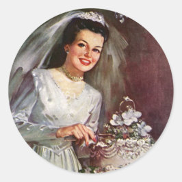Vintage Bröllop, Brud som skär bröllopstårtan Runt Klistermärke