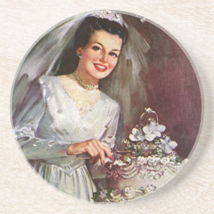 Vintage Bröllop, Brud som skär bröllopstårtan Underlägg Sandsten