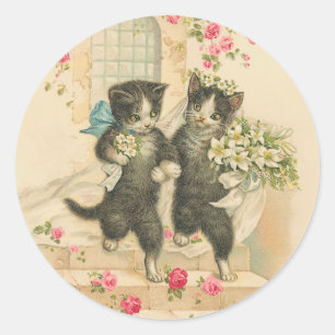 Vintage bröllop Cat Giftermål Runt Klistermärke
