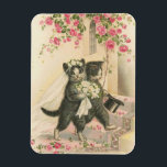 Vintage bröllop Cats. Magnet<br><div class="desc">En vintage som illustrerar muta och groomkatter på deras bröllopsdag. De går på ben i sin bröllop-attityd,  bruden som bär en bukett,  längs en ro-petal vid väg. En båge av rosa ros hänger över dem.</div>