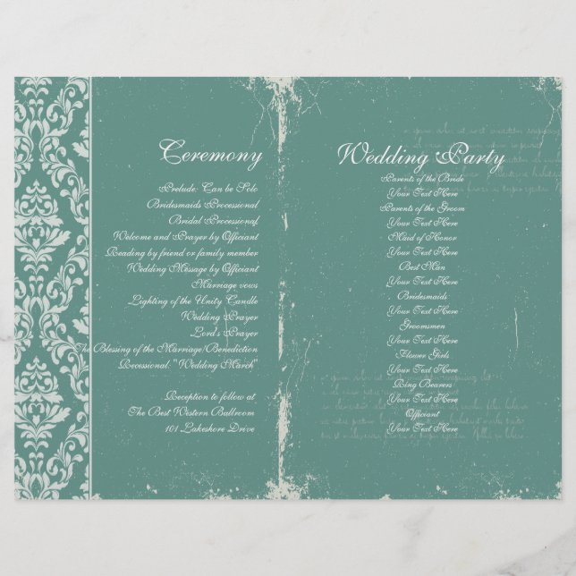 Vintage bröllop Ceremony Program Teal (Framsida)