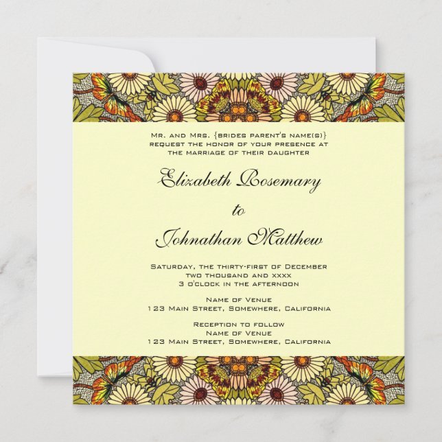 Vintage bröllop, Garden Flowers Blommigt Butterfli Inbjudningar (Framsida)