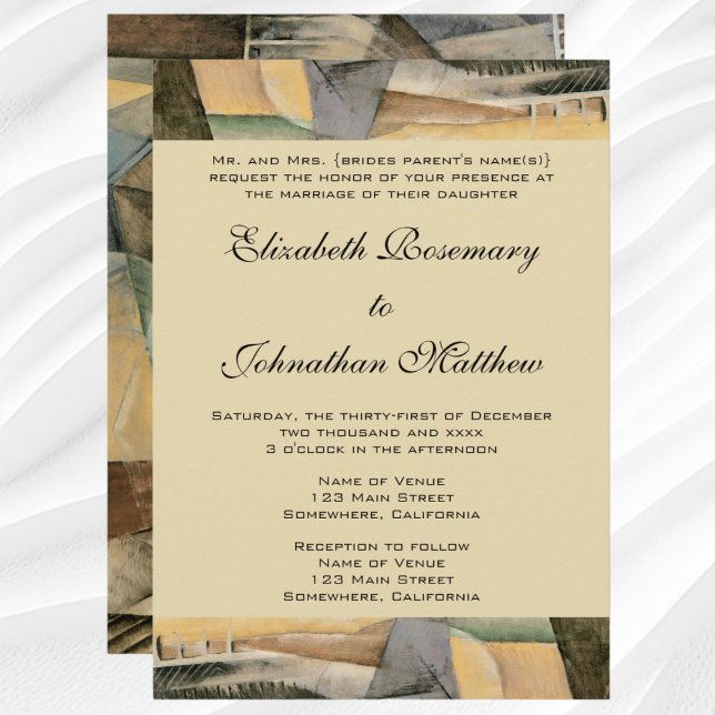Vintage Bröllop, Jordtonsfärger, Kubism Konst Inbjudningar (Vintage Wedding, Abstract Expressionism Art Invitation)