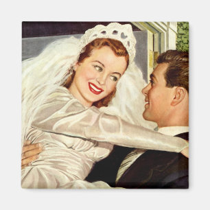 Vintage bröllop, lycklig brud och brudgumnygift magnet