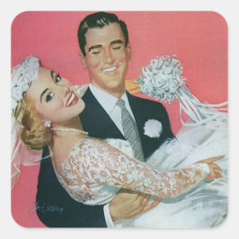 Vintage bröllop Newlyweds, Groom Carries Bride Fyrkantigt Klistermärke