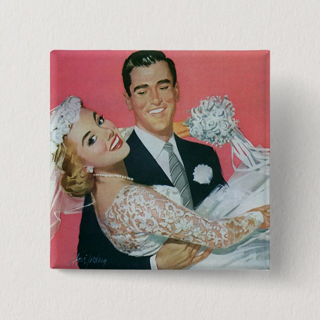 Vintage bröllop Newlyweds, Groom Carries Bride Knapp (Framsida)