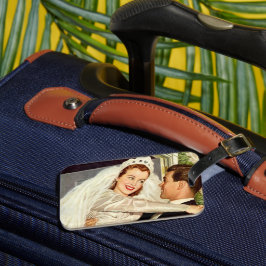 Vintage bröllop Newlyweds, Lycklig Bride och Groom Bagagebricka