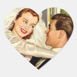 Vintage bröllop Newlyweds, Lycklig Bride och Groom Hjärtformat Klistermärke
