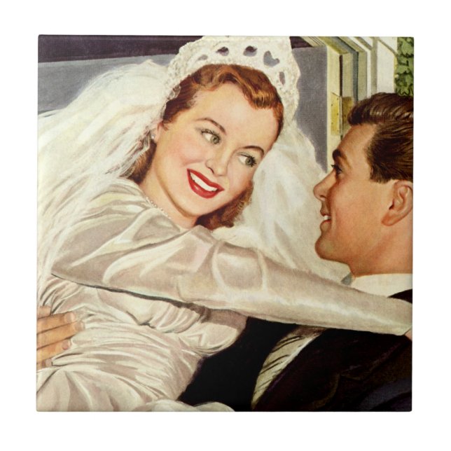 Vintage bröllop Newlyweds, Lycklig Bride och Groom Kakelplatta (Framsidan)