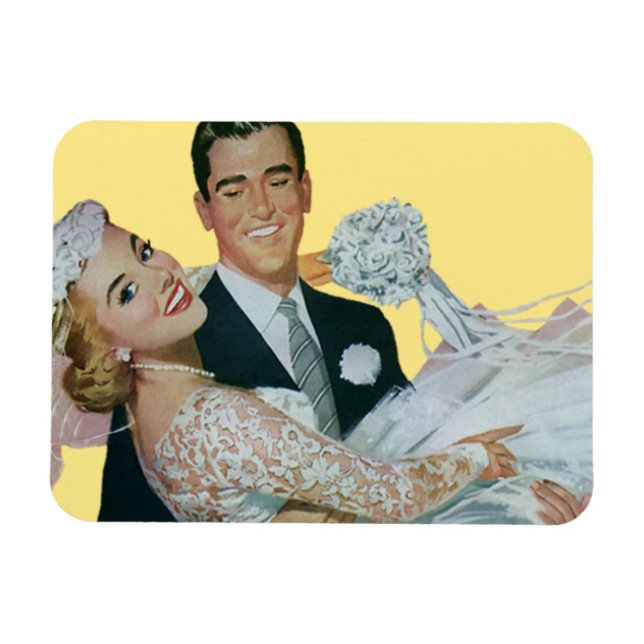 Vintage bröllop Newlyweds, Lycklig Bride och Groom Magnet (Horisontell)