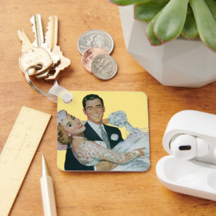 Vintage bröllop Newlyweds, Lycklig Bride och Groom Nyckelring