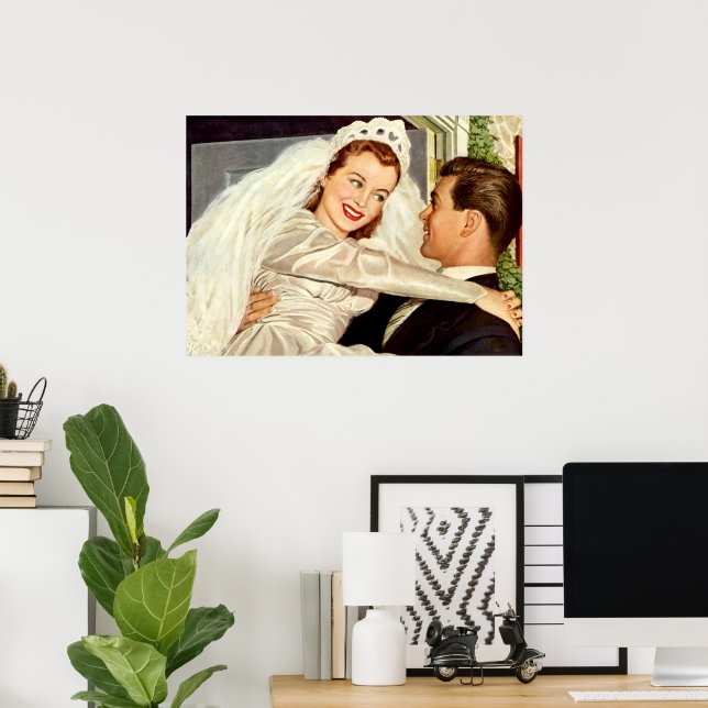 Vintage bröllop Newlyweds, Lycklig Bride och Groom Poster (Hemmakontoret)