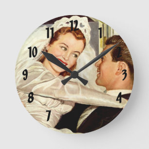 Vintage bröllop Newlyweds, Lycklig Bride och Groom Rund Klocka