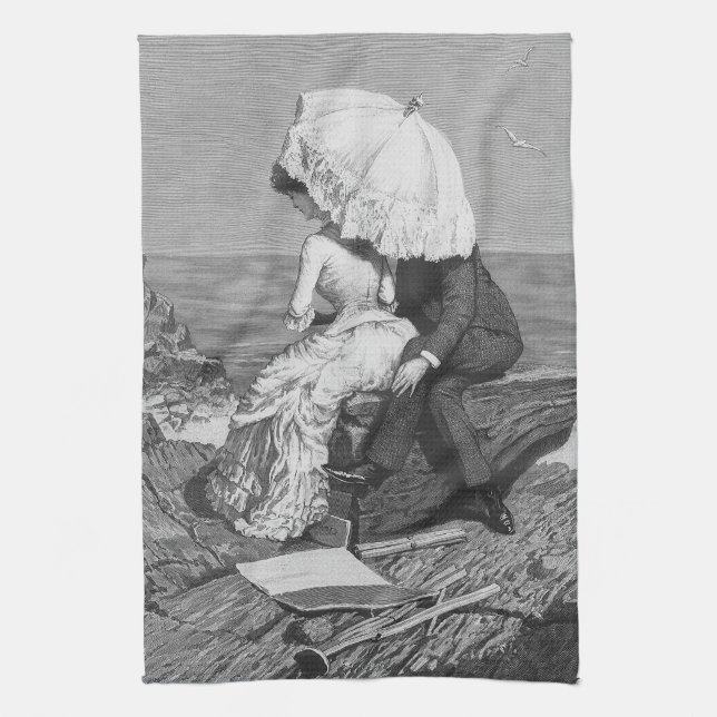 Vintage Bröllop, Nygifta vid Stranden Kökshandduk (Vertikal)