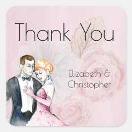 Vintage bröllop par med Rosa ros Tack Fyrkantigt Klistermärke
