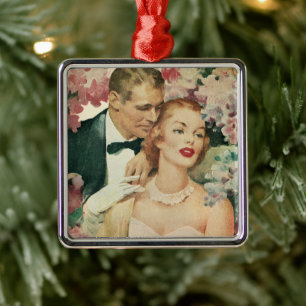 Vintage bröllop Porträtt, Retro Bride och Groom Julgransprydnad Metall