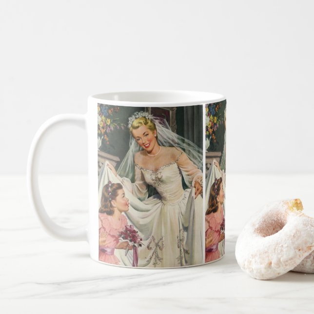 Vintage bröllop, Retro Bride med Flower Girl Kaffemugg (Med munk)